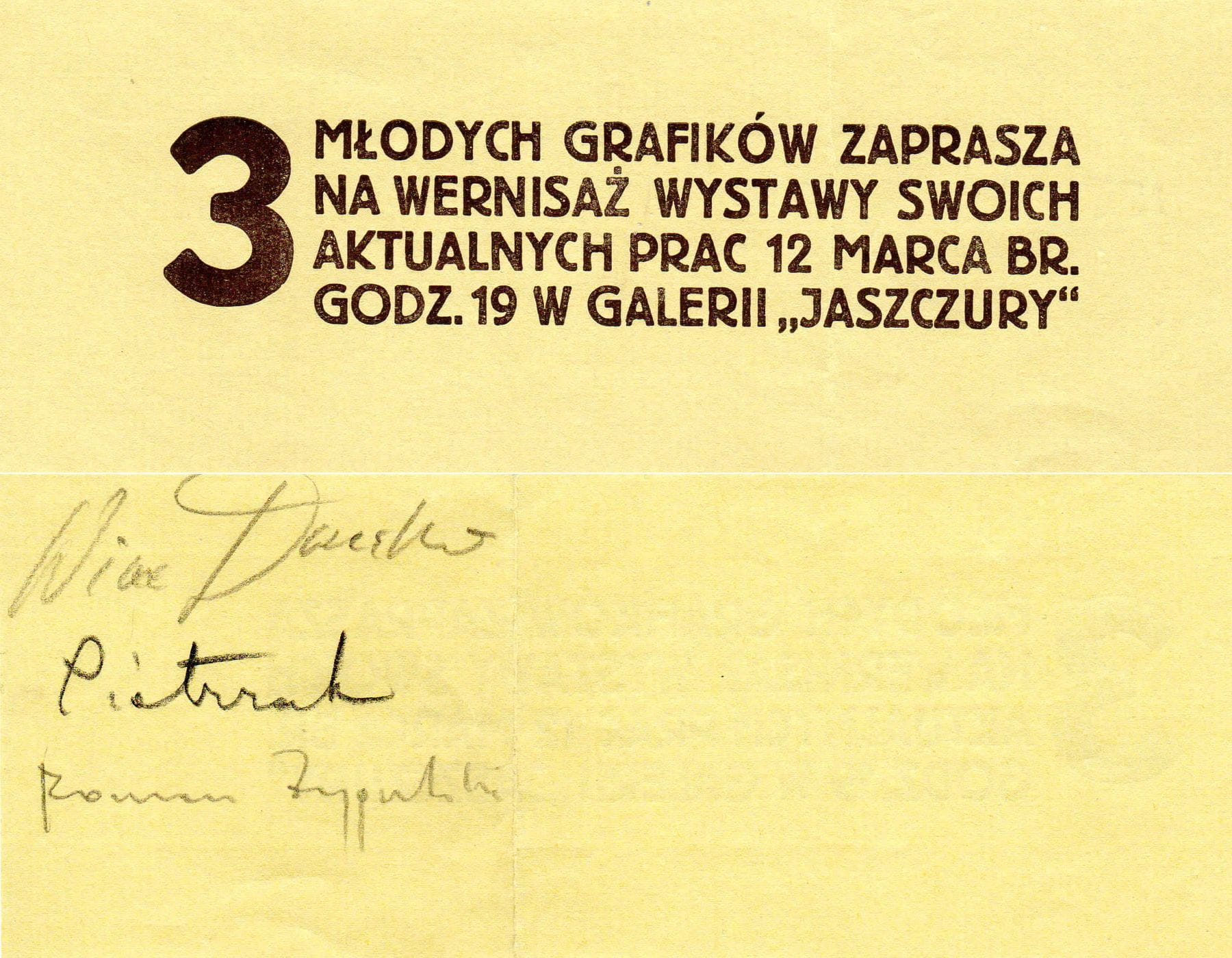 Zaproszenie na wystawę Dunikowski, Pietrzak, Zygulski w Galerii Jaszczury, 1972